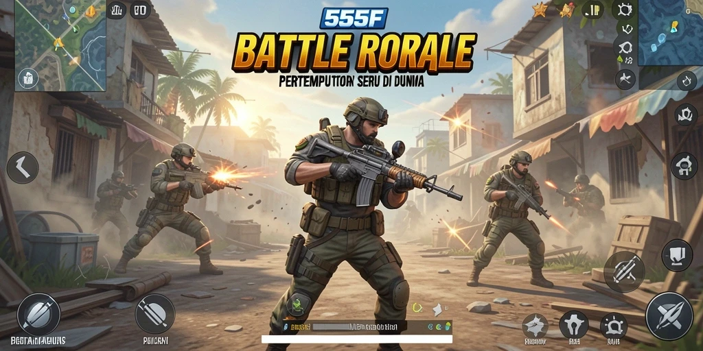 Tampilan gameplay <strong>555F</strong> yang penuh aksi dalam pertempuran Battle Royale.