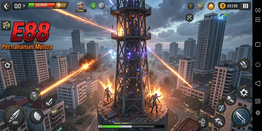 Screenshot gameplay E88 yang menunjukkan aksi Tower Defense yang mendebarkan.