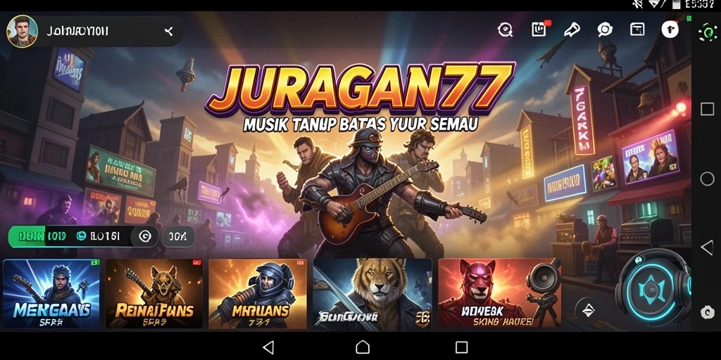 Tampilan gameplay JURAGAN77 dengan berbagai fitur musik.
