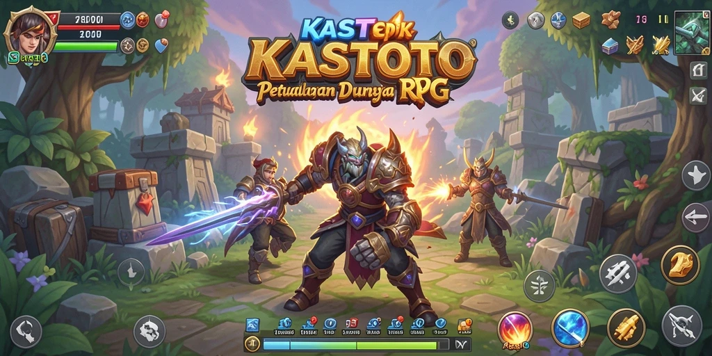 Tampilan gameplay <strong>KASTOTO</strong> menunjukkan pertempuran epik dan dunia yang menakjubkan.