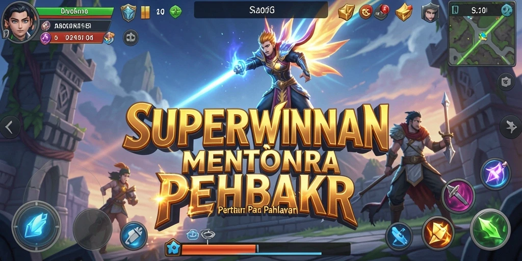Tangkapan layar SUPERWINNER menunjukkan aksi menara yang epik dan musuh yang tak terhentikan.