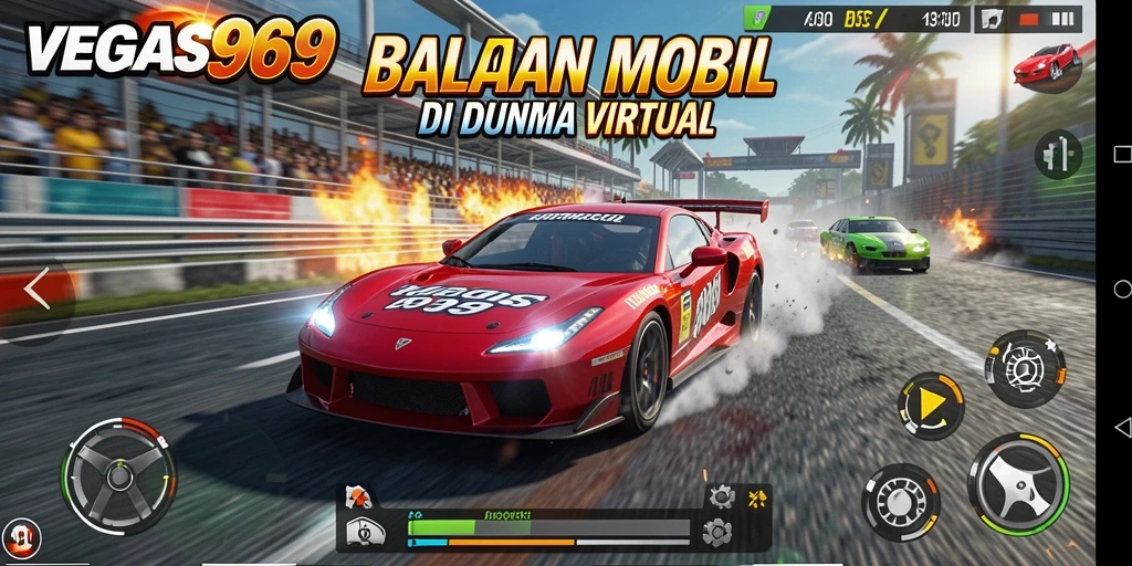 Screenshot utama gameplay menampilkan aksi balapan cepat di jalanan kota.